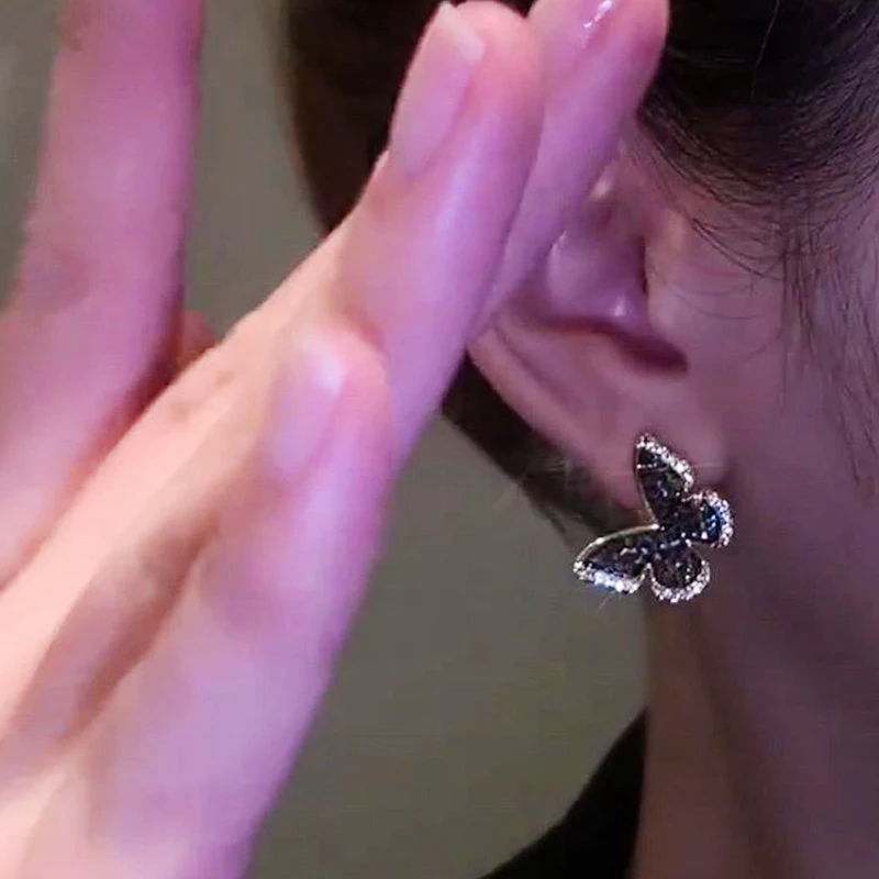 Korean Popular Gold Plated Black Diamond Butterfly Stud Earrings Women Fashion Fine Jewelry Valentine Day Gifts Wholesale