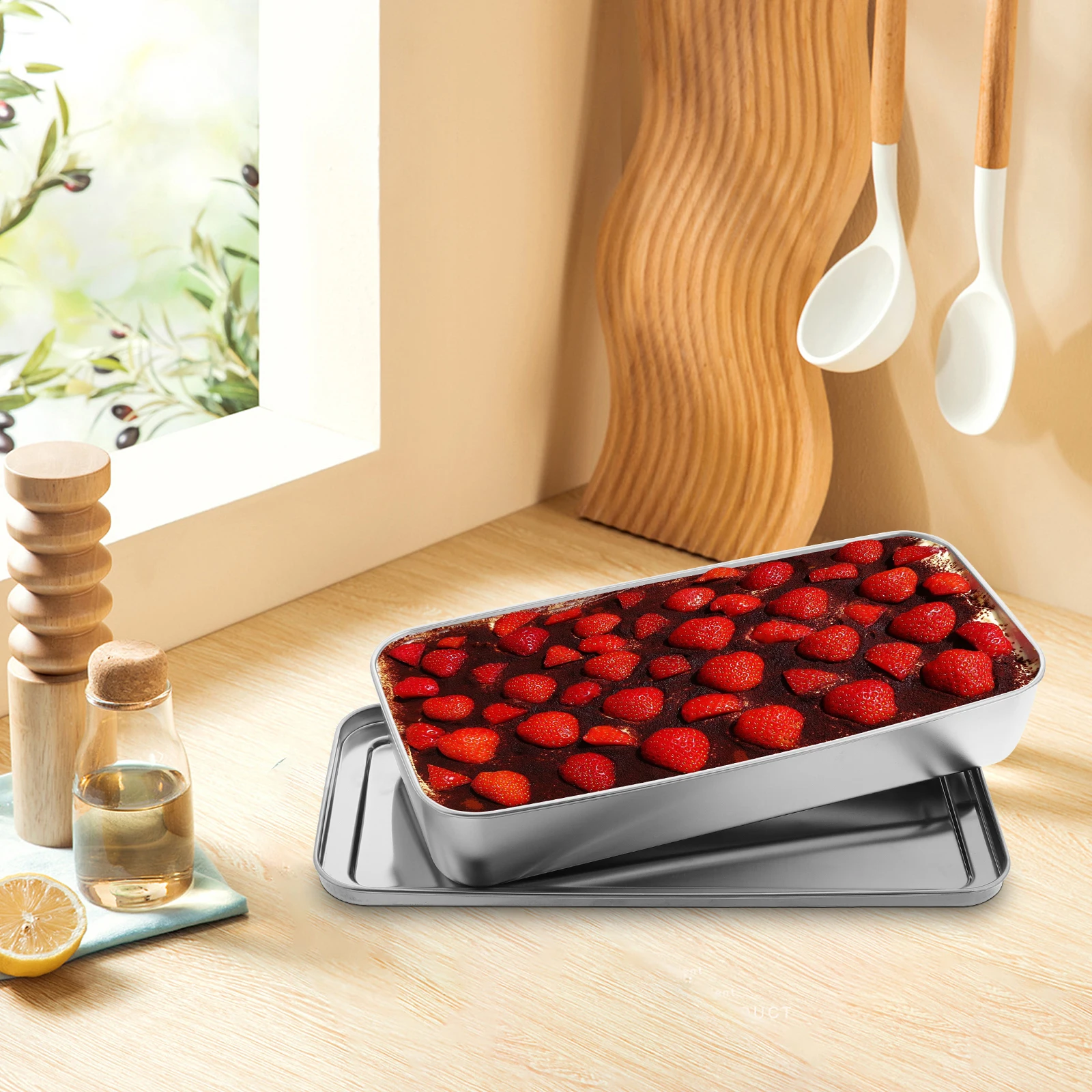 

Stainless Steel Cake Pan Deep Rectangle Baking Tray Lid Oven Safe Tiramisu Cheesecake Bread Storage Silver Bakeware