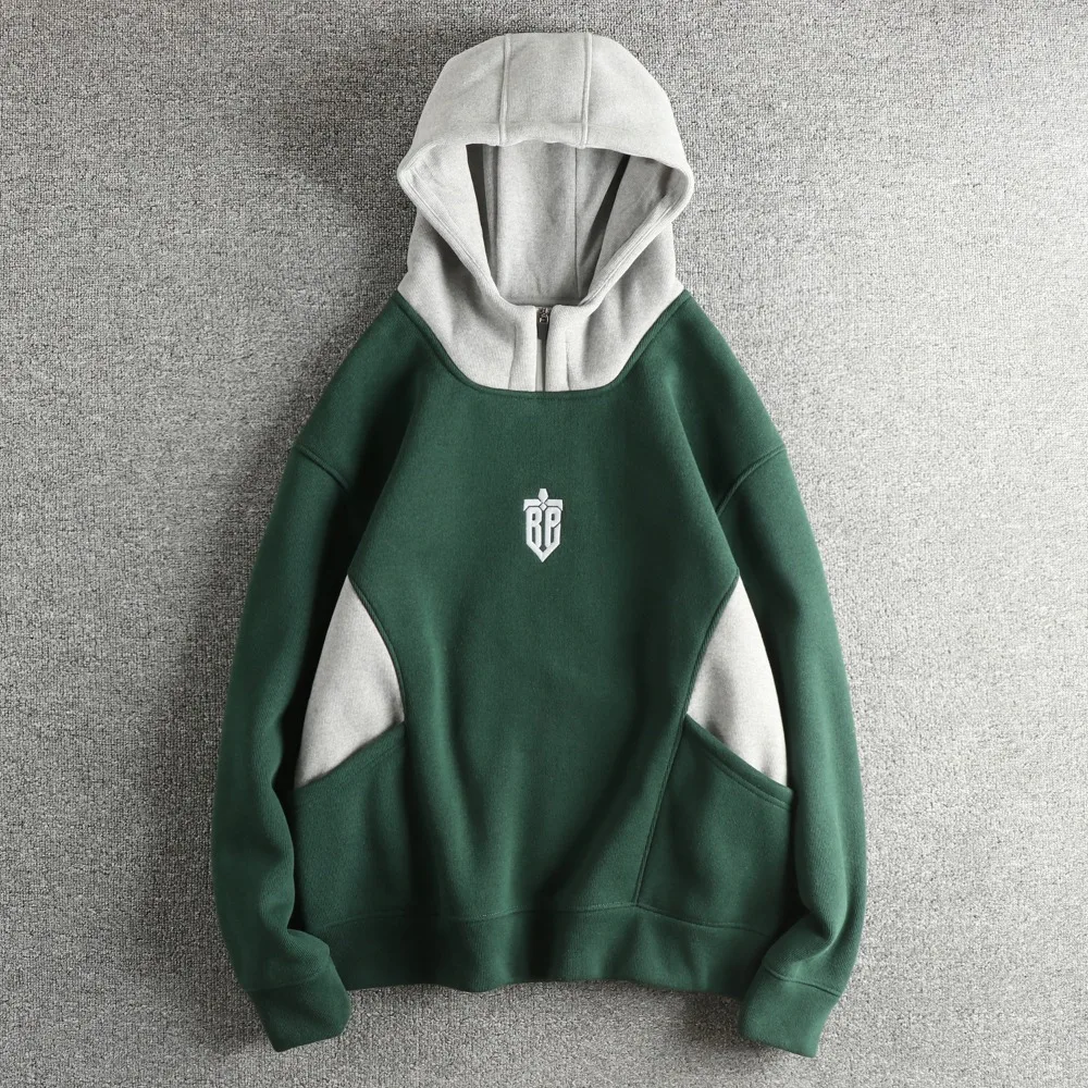 Męska bluza z kapturem z grubego, aksamitnego materiału, z prostymi haftowanymi literami, kontrastowymi przeszyciami, modna bluza z kapturem.