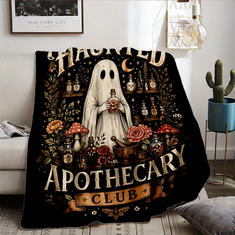 Haunted Apothecary Club Comfy Blanket, Halloween Flannel Blanket, Witchy Botanical Ghost Flannel Throw, Dark Cottagecore