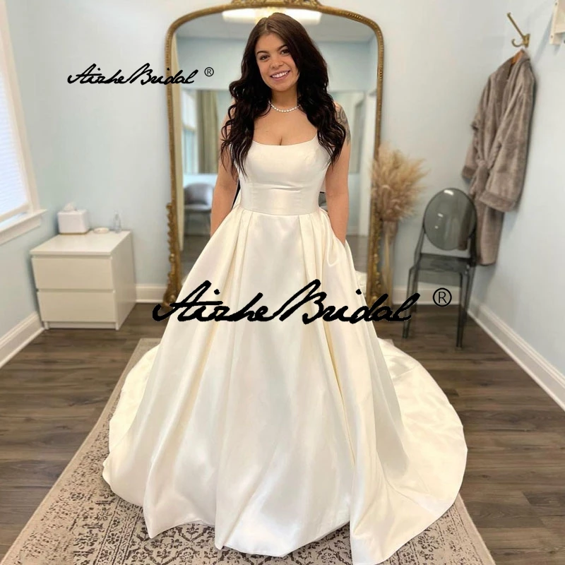 Plus Size Spaghetti-Trägern U-Ausschnitt A-Linie Brautkleider Brautkleid rückenfrei Sweep Zug Vestidos De Novia