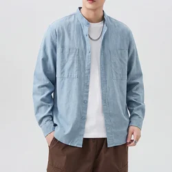 Cotton Linen Shirt Men's Stand Collar Vintage Fashion Loose Casual Solid Color Long Sleeve Shirt Cityboy Shirts Blouse