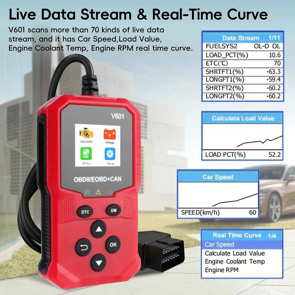 محرك obd 2 الماسح الضوئي obdii/EOBD أداة مسح ضوئي تشخيصي ODB2 رمز القارئ أداة تشخيص السيارة obd2 الماسح الضوئي V601 متعدد اللغات