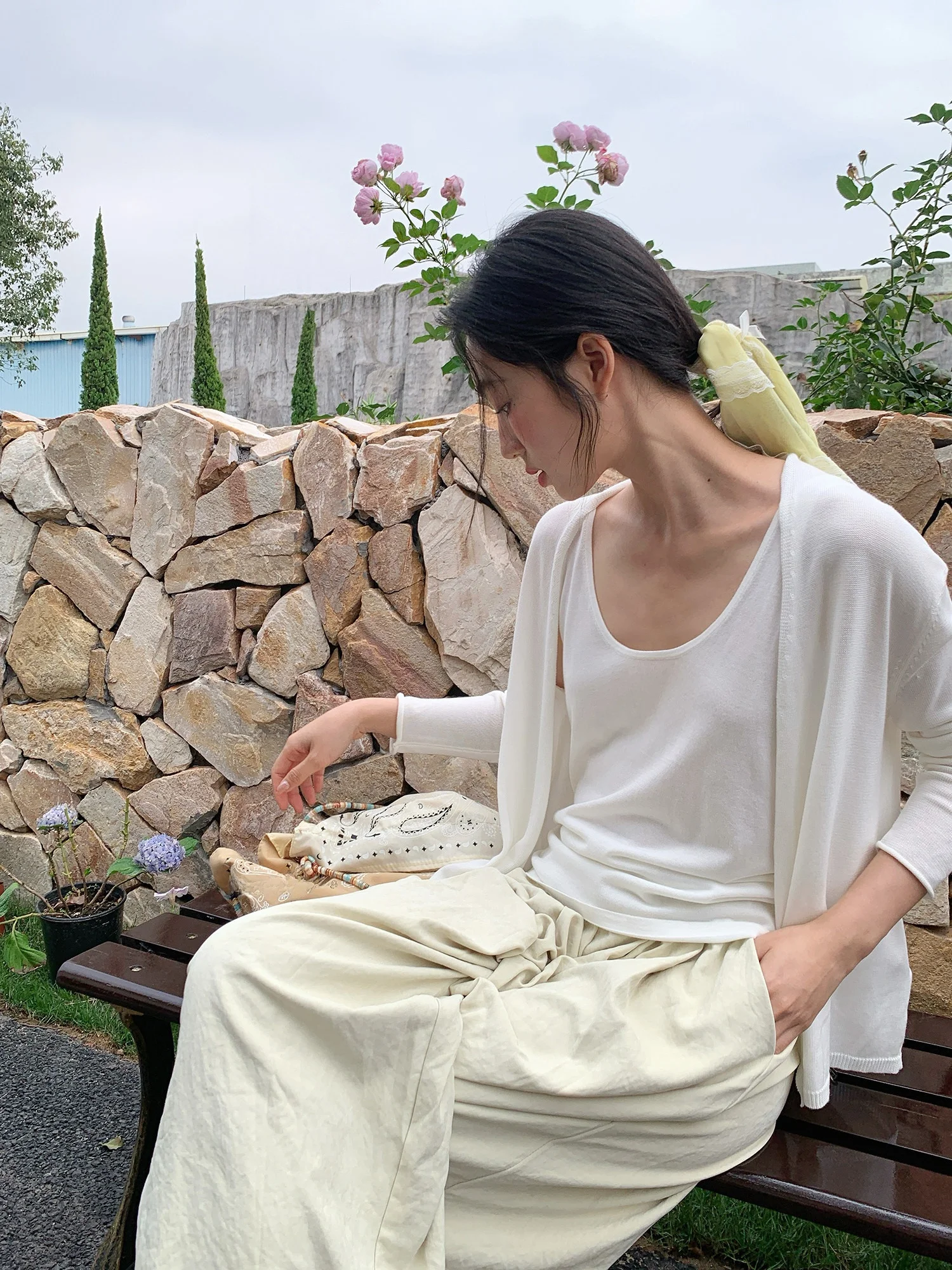 

Creamsu Lazy Loose Fit V-Neck Strap Top Women's Summer Fashion Set Sun Protection Long Sleeve Transparent Cardigan Vest