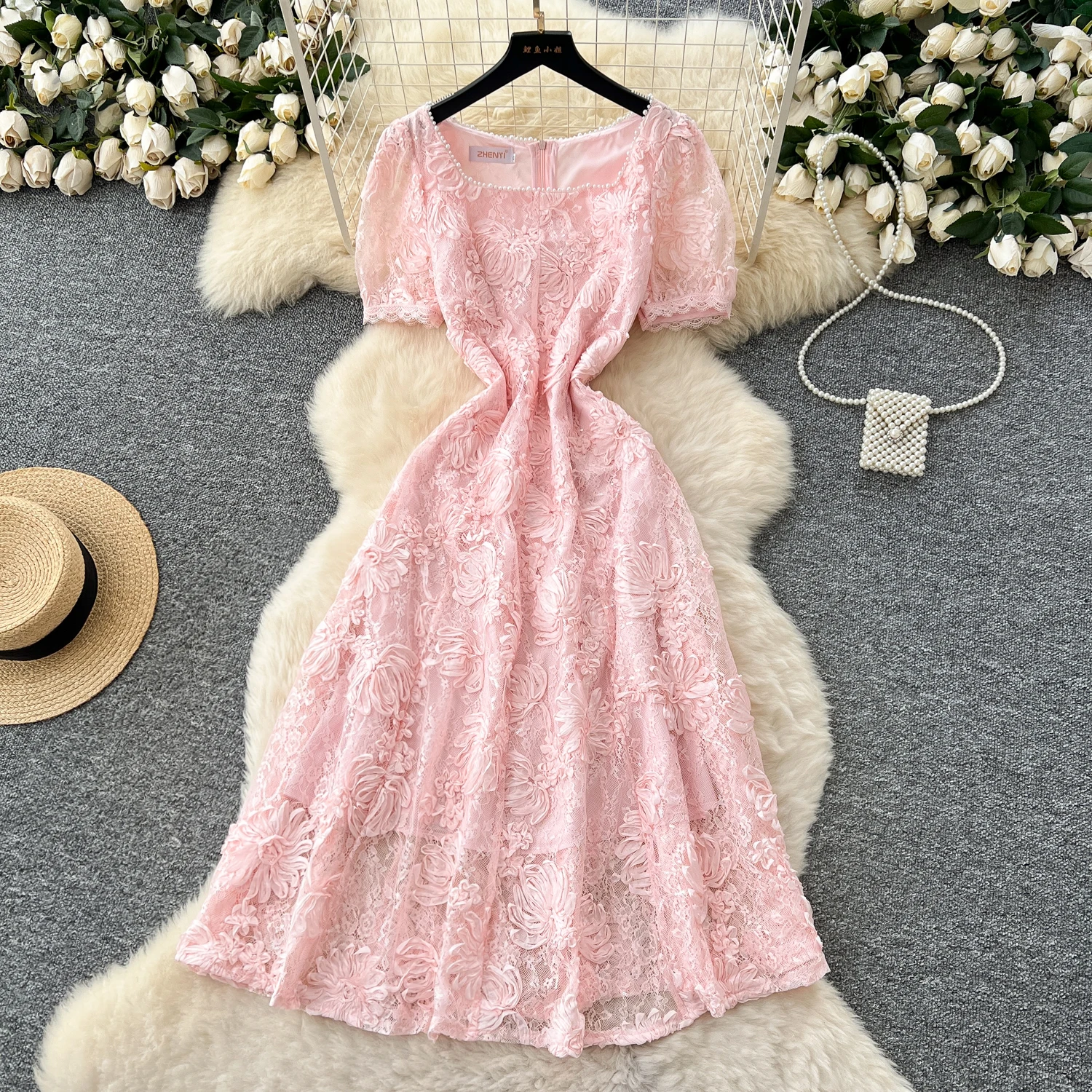 

Vintage sexy sequin lace short sleeve dress Chic Summer Beach fairycore Vestidos Vacation women clothing
