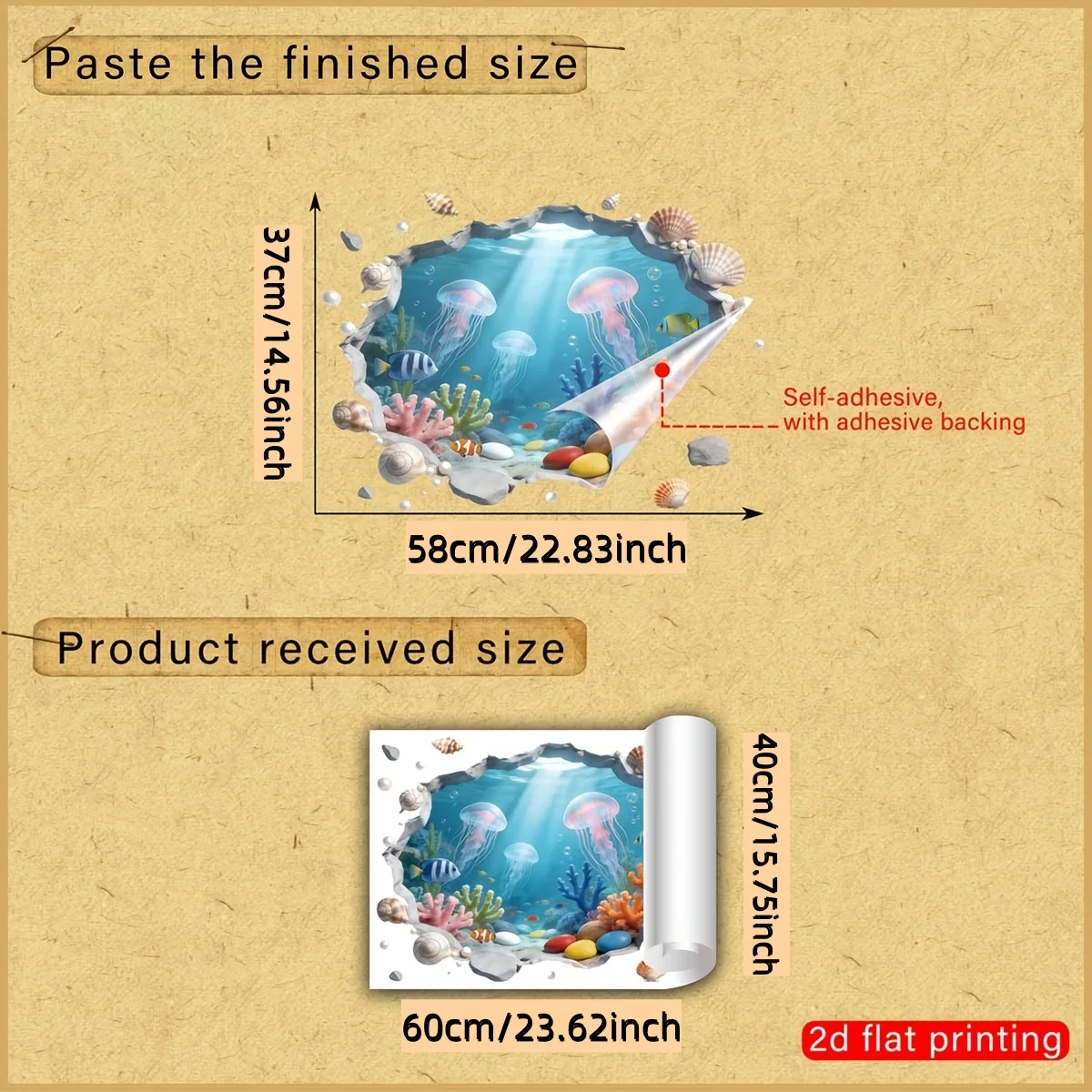 2D flat design, a creative wall sticker featuring a broken wall effect, depicting an underwater world with jellyfish, coral, tro