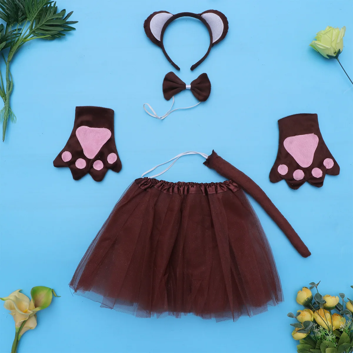 

5 шт., комплект костюмов животных, обезьяна, детский праздничный галстук-бабочка, перчатки, сетчатая юбка с хвостом, Хэллоуин, Рождество, наряд для девочек