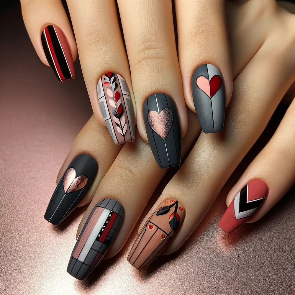 

24pcs Press-On Nails with Patchwork Hearts, Stripes, Colorful Checkered & Wicker Weave Patterns, Long Coffin Shape