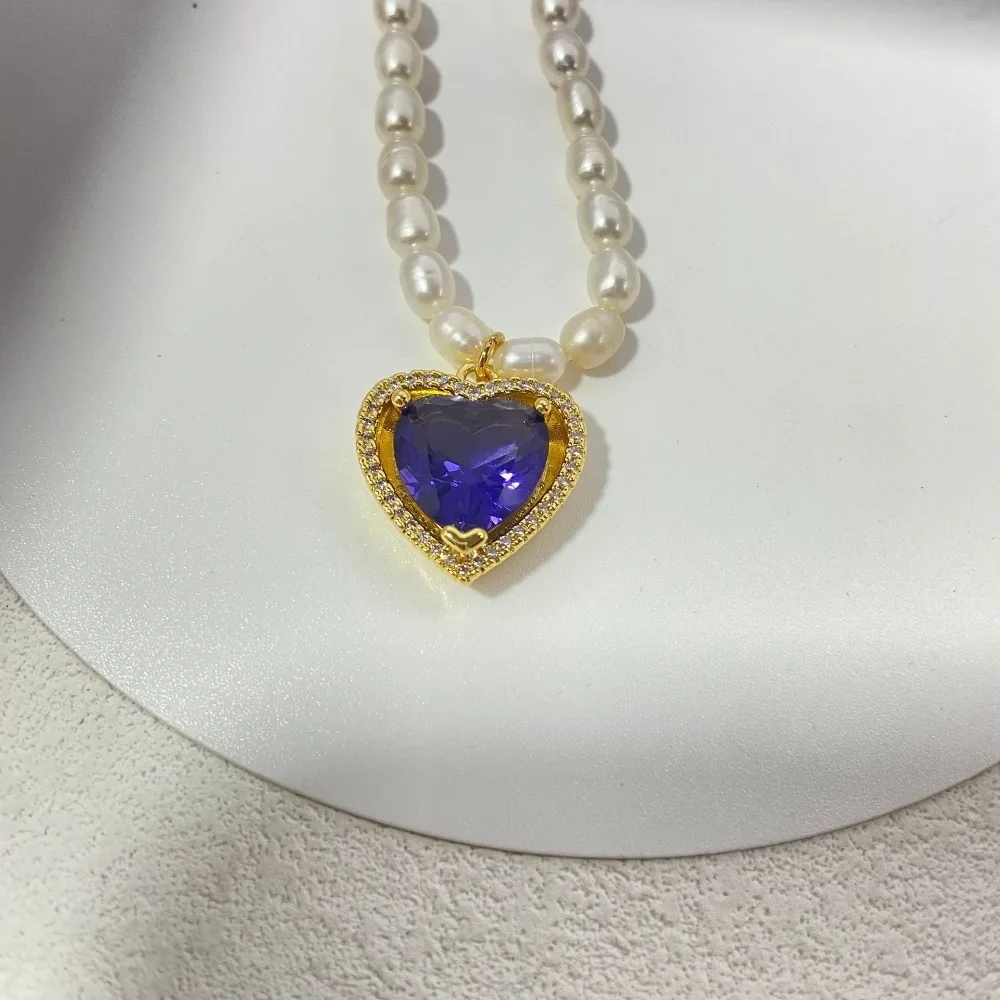 Fashion Gentle Purple Love Glass Stone Pendant White Freshwater Pearl Chain Necklace Retro French Elegant Luxury High-end Neckla
