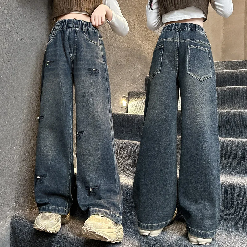 

Elegant Kids Girls Relaxed Fit Jeans with Bow Embroidery Teenage Child Straight Leg Bowknot Denim Pants Age 5 7 9 11 13 14 Years