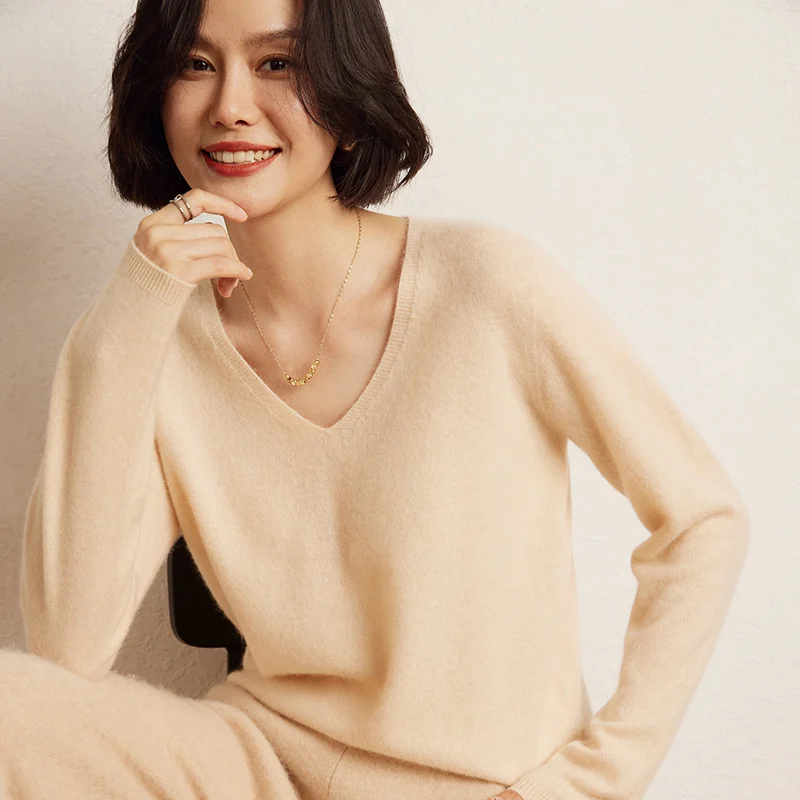 

2024 New Women Sweater 100% Cashmere Women's V-Neck Pullover Autumn And Winter Soft Warm Loose Jumper Solid Knitted Base Shirt