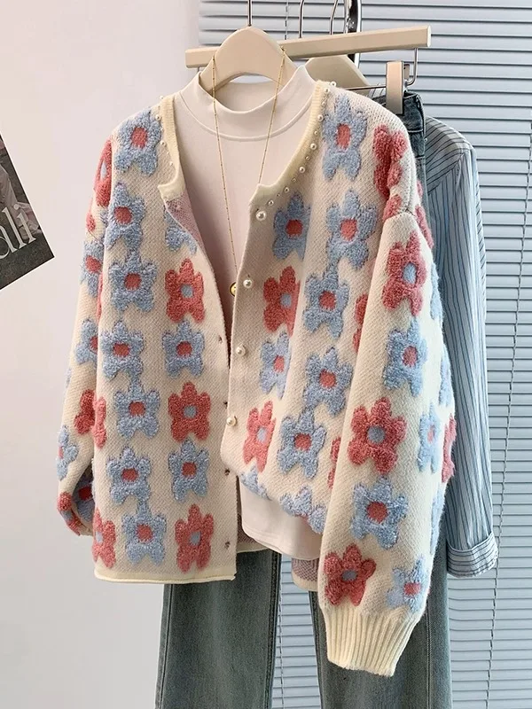 

Женский вязаный свитер больших размеров: осенне-зимняя повседневная свободная кофта с красивой вышивкой, теплая верхняя одежда из смесового хлопка