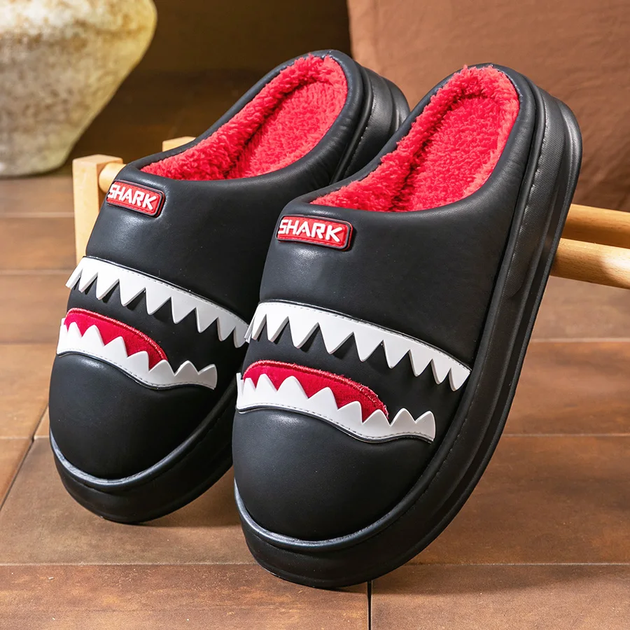 Warm Platform Slippers Men PU EVA Memory foam Soft Shark Cute Design Comfortable Non Slip House Shoes High Quality