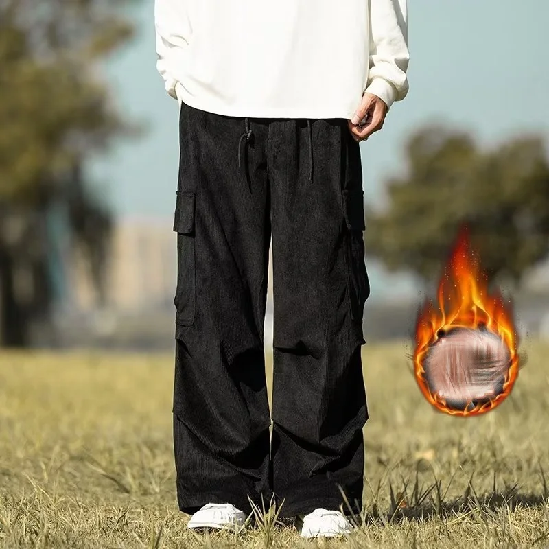 Men's corduroy multi pocket wide leg casual ankle pants with drawstring design straight leg pants suitable for daily wear - Image 3