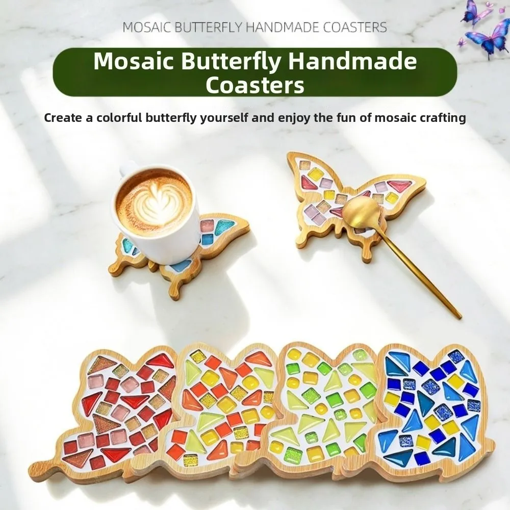 Mixed Color DIY Mosaic Coaster Bamboo Glass Mosaic Coaster Making Kit Thermal Insulation Butterfly Shape Drinking Cup Pad