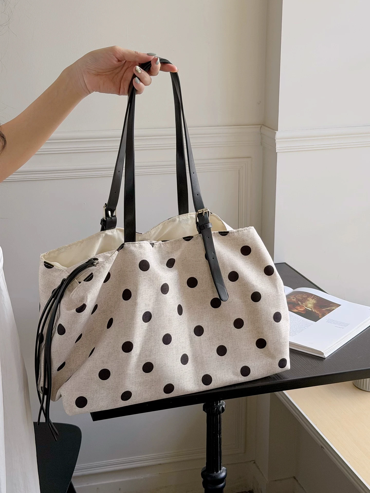 Fashion Polka Dot Canvas Bag Women's Tote Bags Multi Layer Large Capacity Commuter Versatile Single Shoulder Handbags