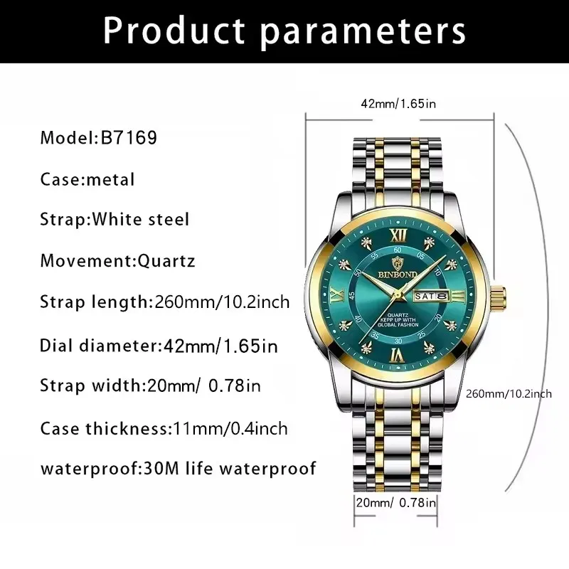 BINBOND Authentic Waterproof Night Light Business Diamond Inlaid Men's Watch Steel Strap Butterfly Buckle Display Date and Week