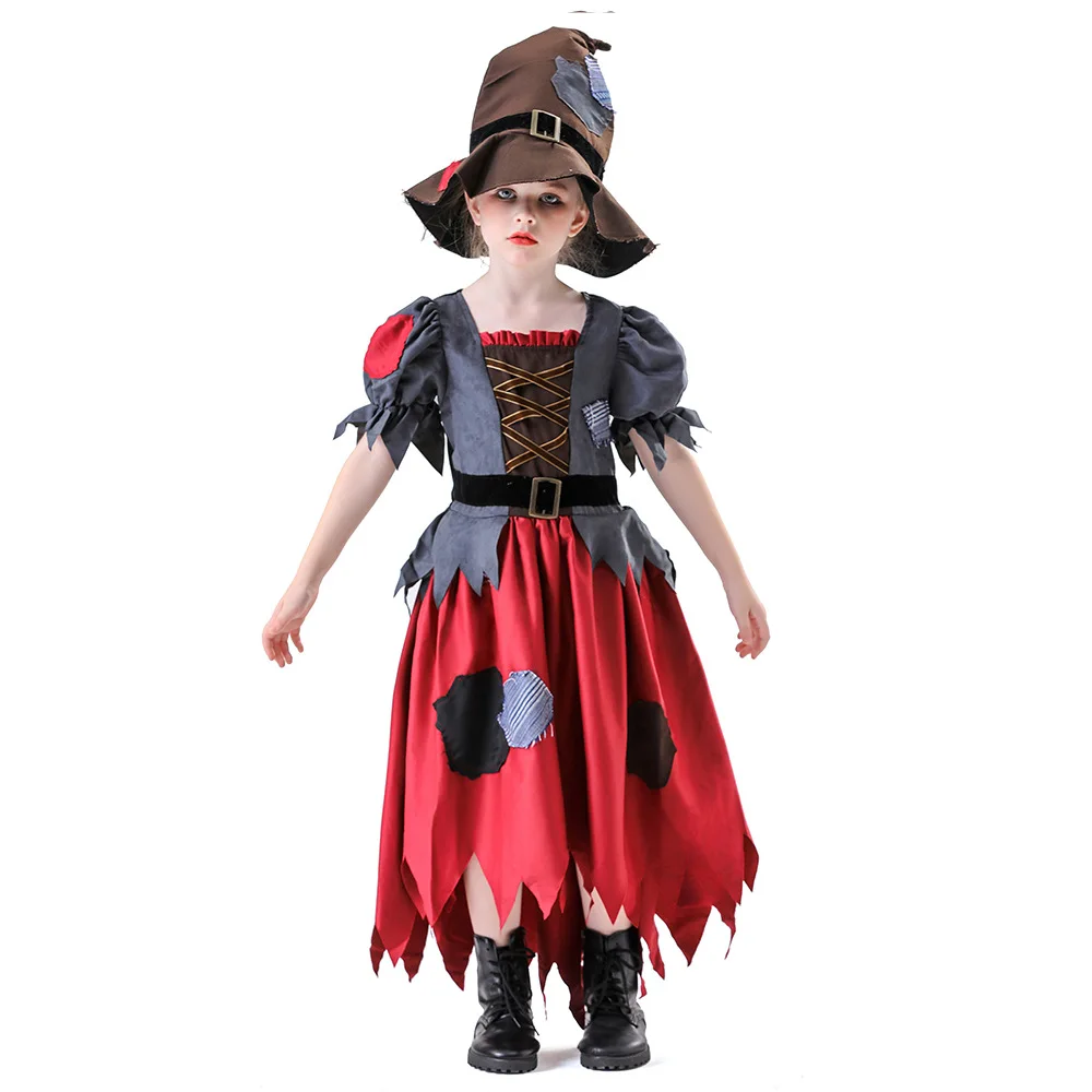Girls New Halloween Cosplay Costume Wizard Magic Hat Scarecrow Dress Vampire Theme Party  vampire Role playing Set - Image 2