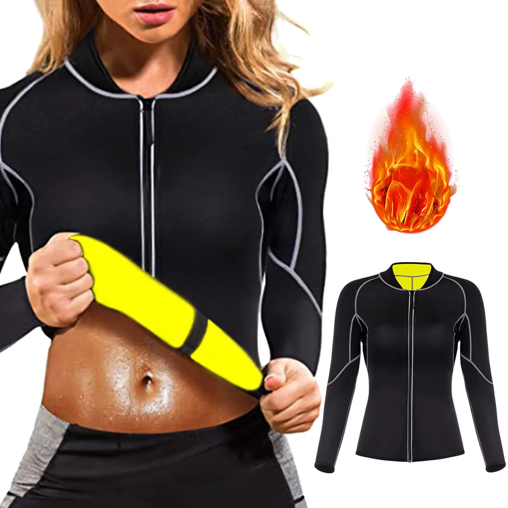 Saunaanzug für Damen, Schweiß-Körperformer, heißer thermischer Fettverbrennungs-Taillentrainer, lange Ärmel, Reißverschluss-Shirts, Workout-Shapewear-Oberteile