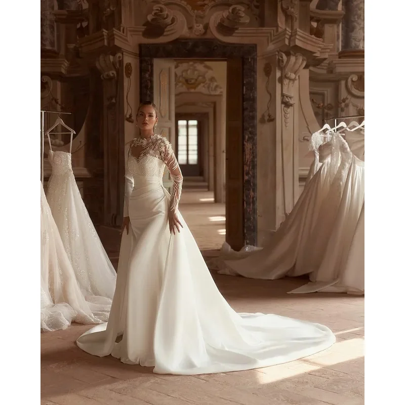 2025 Abiti da sposa a sirena di lusso a maniche lunghe Illusion Brides Abito da sposa Paillettes Fiore 3D Abito da sposa da donna Customizd
