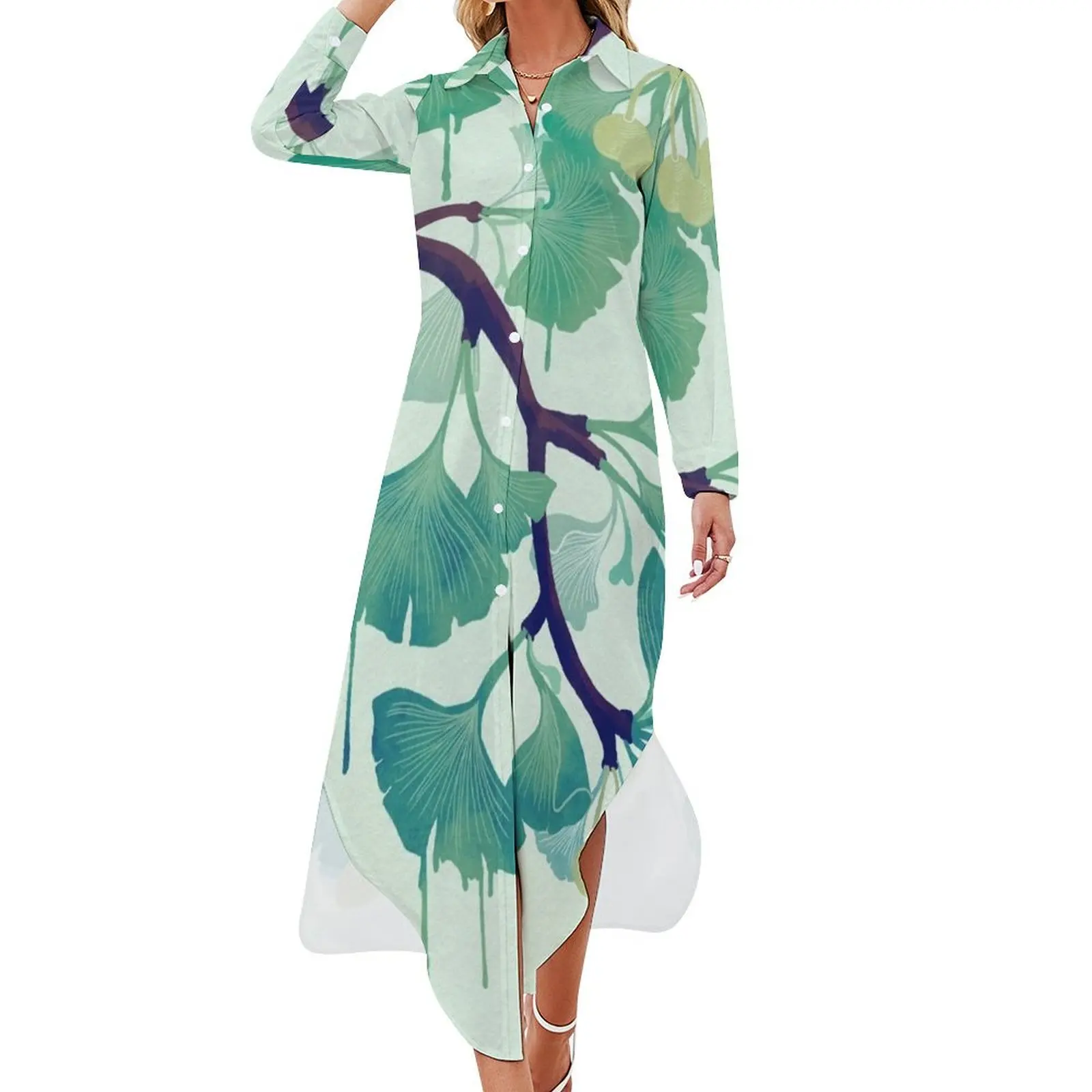 

O Ginkgo (in Green) Long Sleeved Shirt Dress Prom gown birthday dresses for women Female clothing
