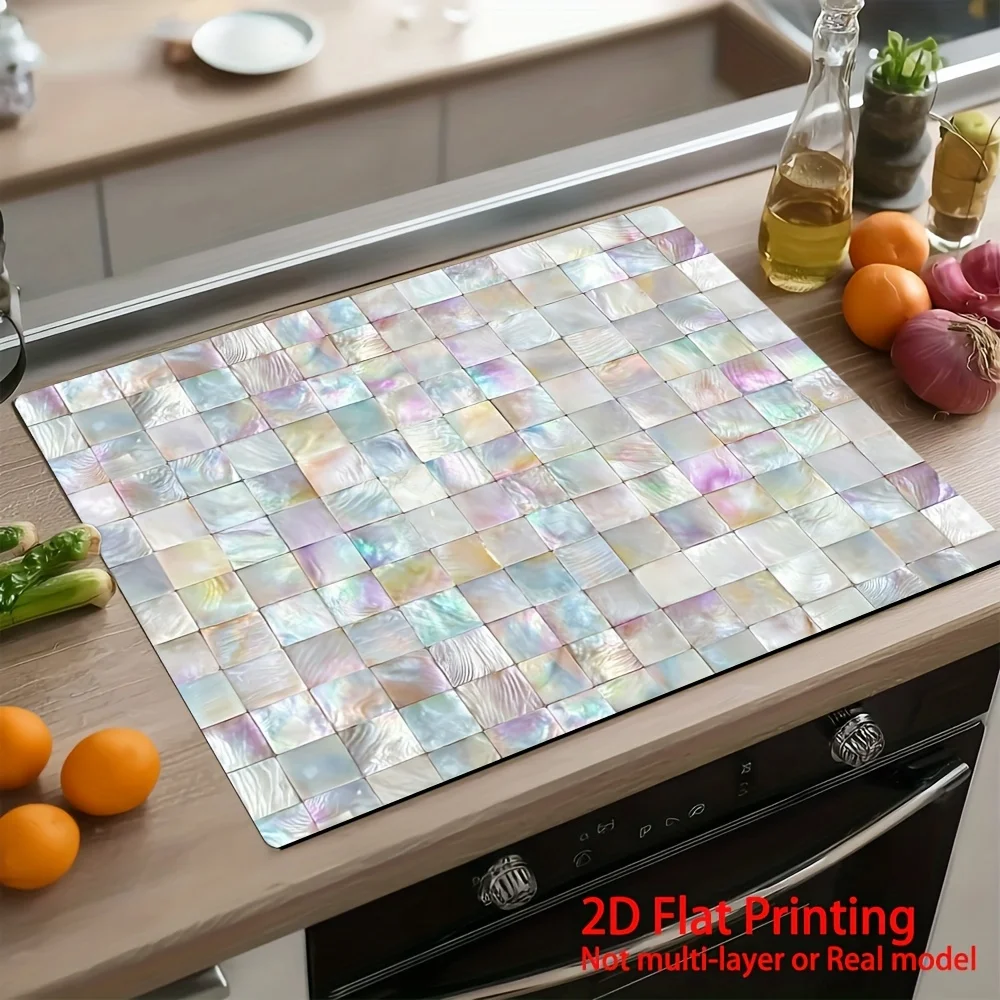Fresh Iridescent Mother of Pearl Tile Stove Top Cover, Non-Slip Stove Protector Mat, Decorative Gas Cooktop Pad, Natural Kitchen