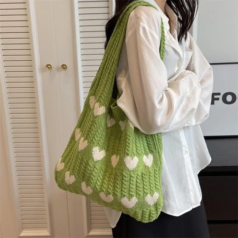 Sweet Knitted Love Tote Bag Large Capacity Shopping Bag Sports Bag Crossbody Shoulder Bags Knitted Love Simple Shoulder Bag