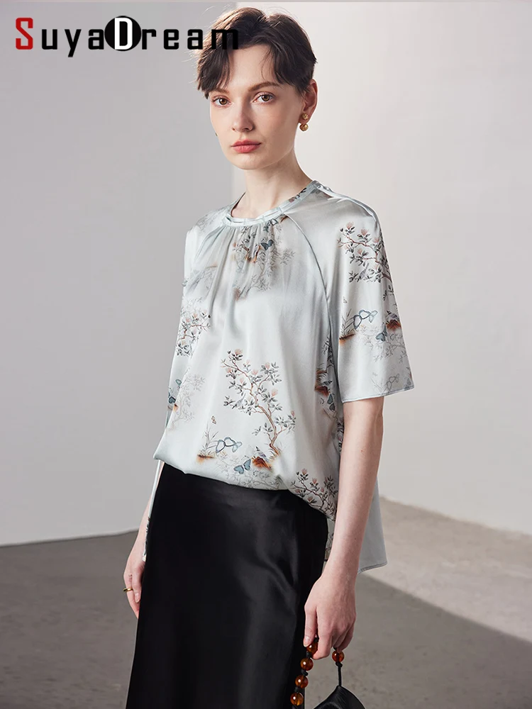 SuyaDream, damskie bluzki w kwiaty, 90% jedwab 10% spandex, okrągły dekolt, letnie koszule w stylu vintage, elegancki top na wiosnę i jesień 2025, żółty