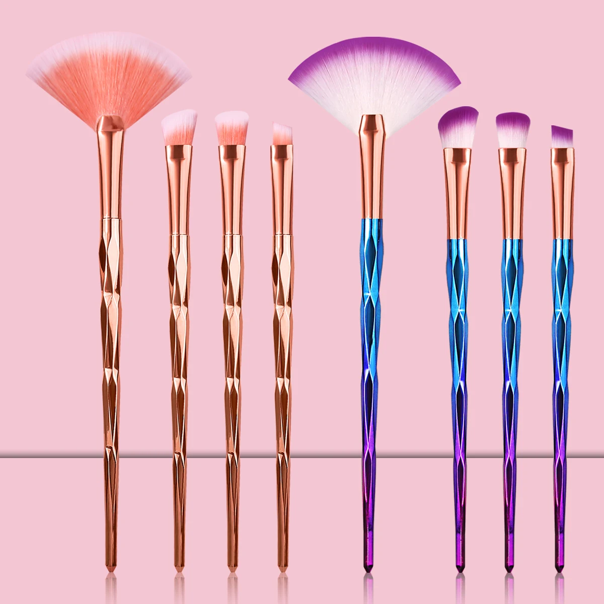 8 pezzi Pennello a forma di ventaglio con manico colorato, pennello per fard, pennello per contorno, pennello per ombretto, set di pennelli per trucco viso multifunzionale