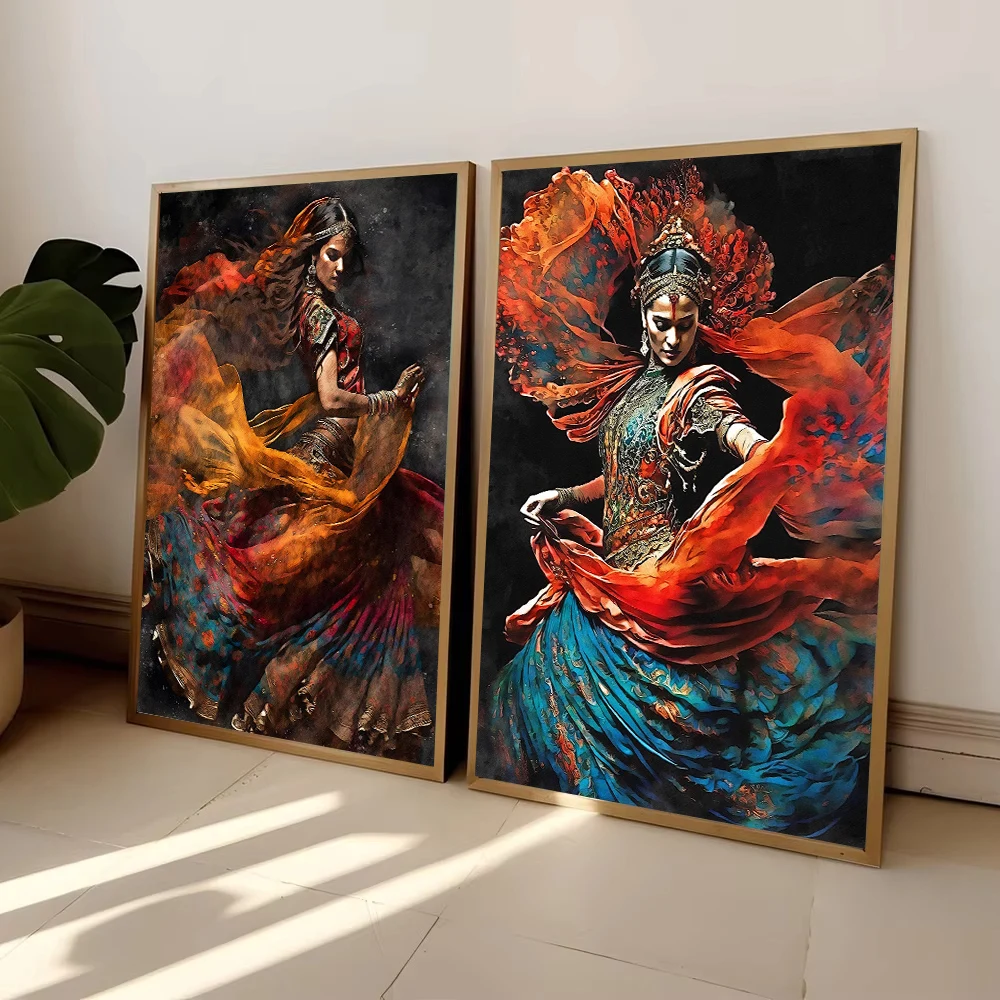 Indische Frau Volkstanz Poster Ethnische Mädchen Leinwanddruck Wandkunst Bilder für Wohnzimmer Heimdekoration Cuadros