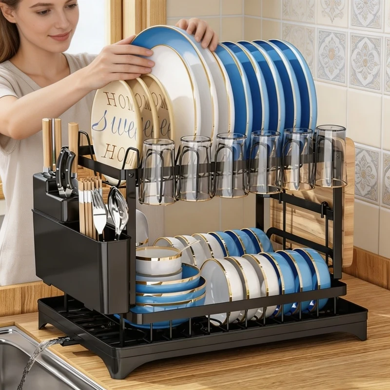 

Kitchen Dish Drain Rack Countertop Storage Organizer with Cup Knife Holder New Multifunctional Dish Chopsticks Rack for Home Use