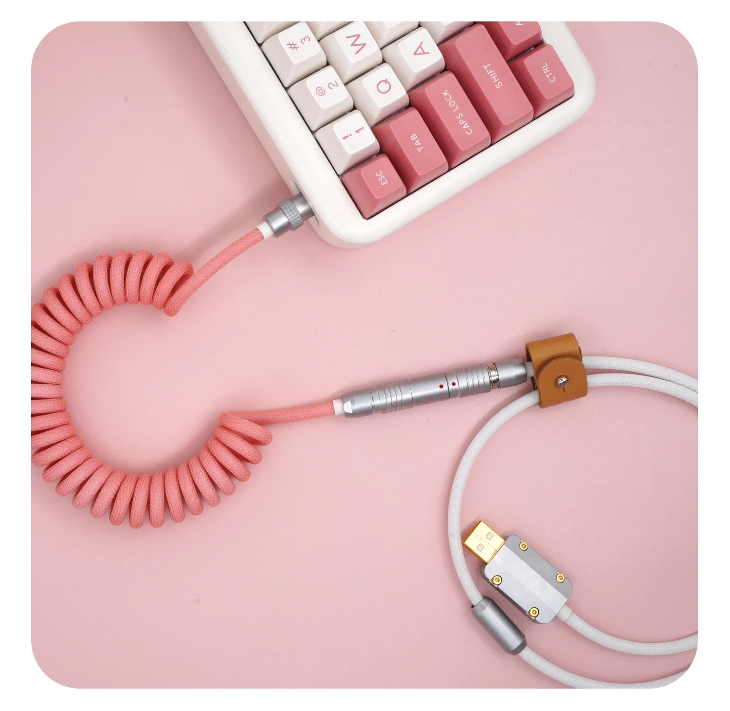 GeekCable handmade custom keyboard, spiral data cable, rear aviation plug, woven pink girl in stock,type c cable