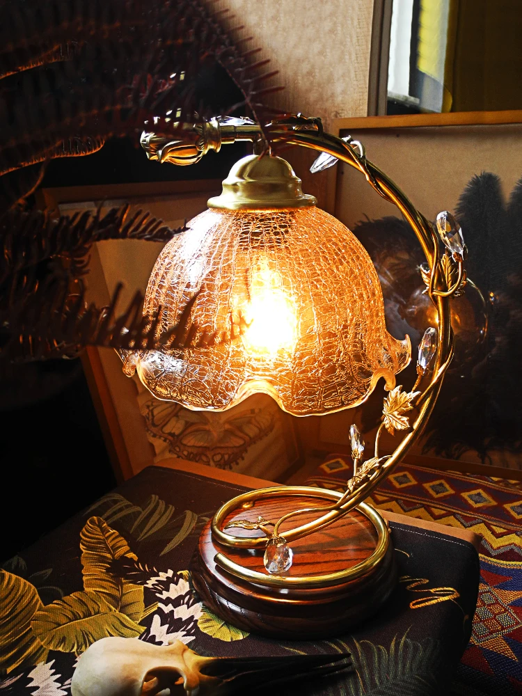 Walnut brass light luxury warm romantic atmosphere retro American crystal festive bedside lamp