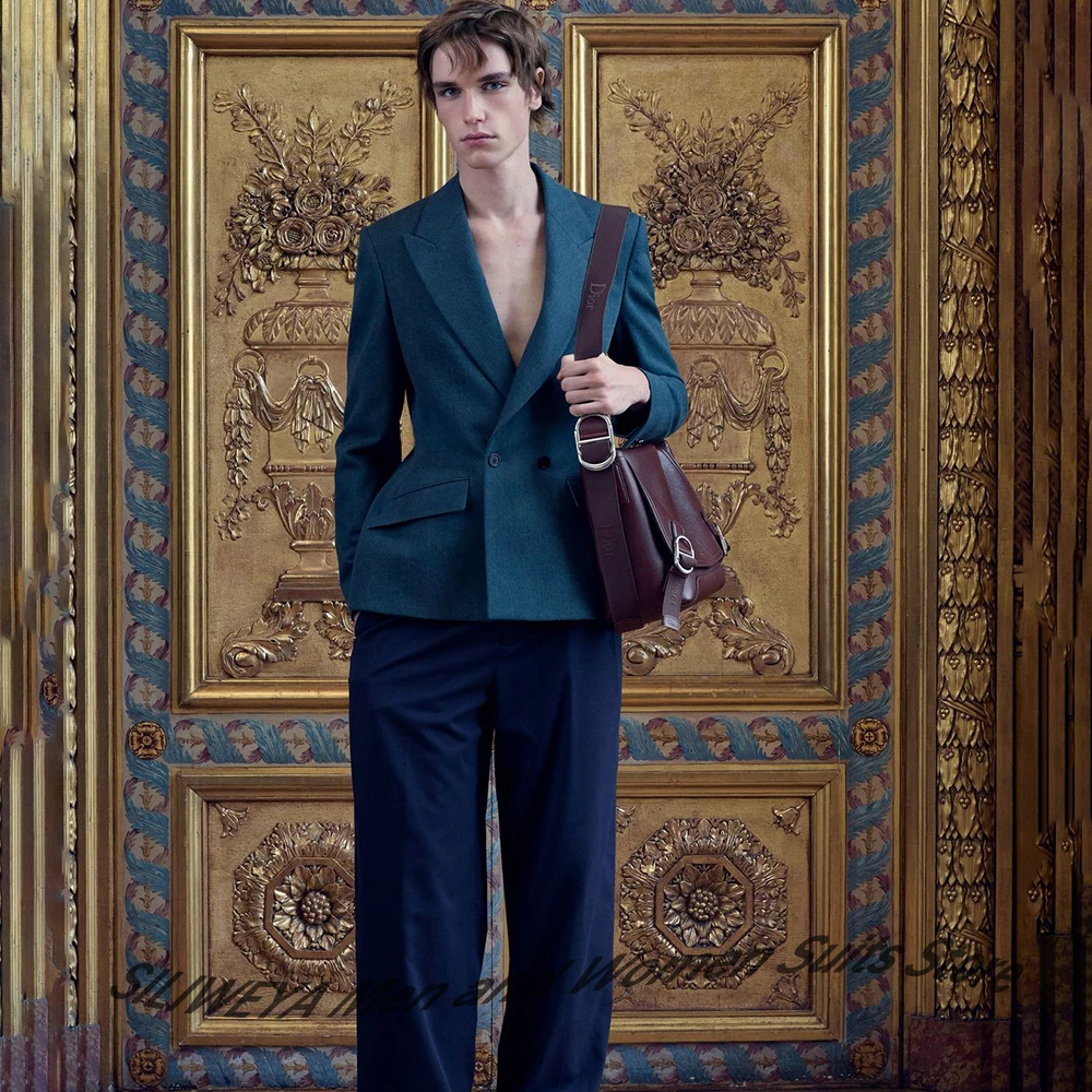 

Elegant Men's Dark Teal Tailored Jacket+Navy Wide Leg Pants Set Minimalist Formal Suit for Office Workwear Daily Outfit