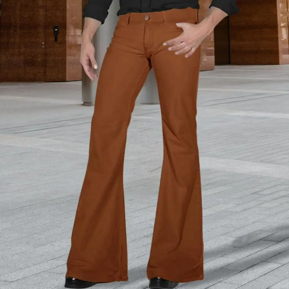 Comfortable Men Pants Stylish Men's Flared Pants with Multiple Pockets for Work Travel Leisure Mid-rise Solid Color Trousers