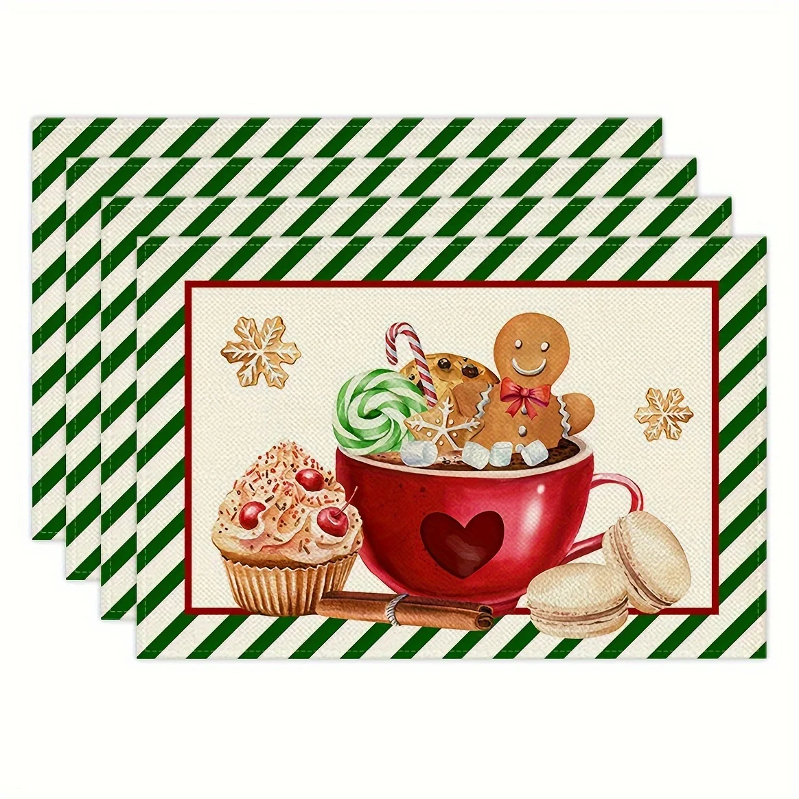 4pcs Gingerbread Candy Ice Cream Christmas Mat 12 X 18 Inches, Seasonal Holiday Countryside Retro Gratitude Winter Mat
