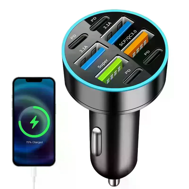 8 Ports USB C Car Charger 100W QC30 PD Fast Charging Hub for Phones Tablets Road Trippers