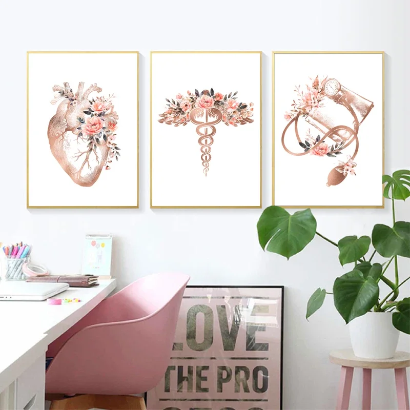 Heart Stethoscope EKG Flower Medical Posters and Prints Cardiologist Office Wall Art Pictures Canvas Painting Decor Doctor Gift