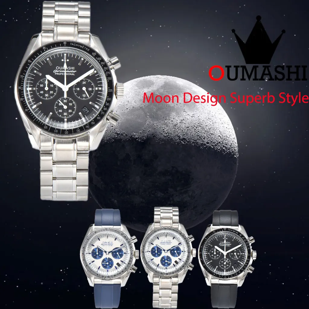 

Quartz Watch OUMASHI Men's Moon Design Superb Style Six Pin Automatic Date Speed Timer Sapphire Mirror VK63 Movement