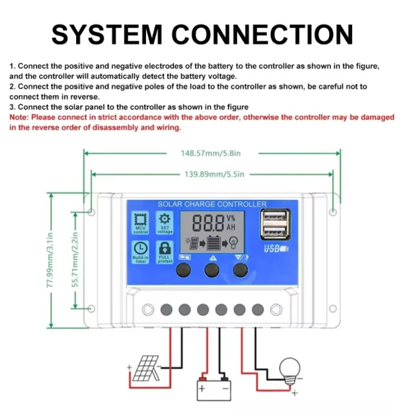 Solar Charge Controller, Photovoltaic Panel PV Regulator, Load Discharger, Auto LCD, Dual USB, 5V Output, 12V, 24V, 30A, 10A