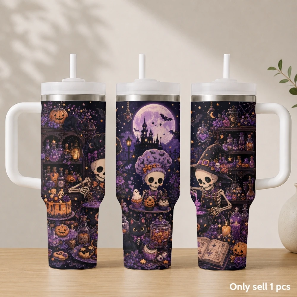 Halloween skeleton Vacuum Flasks 40oz Stainless Steel Insulated Tumbler with Handle & Straw Leakproof Travel Mug