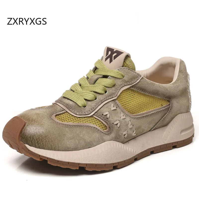 

ZXRYXGS 2026 New Lace-up Genuine Leather Mesh Comfortable Breathable Sneakers Fashion Casual Shoes Flat Thick Sole Trendy Shoes