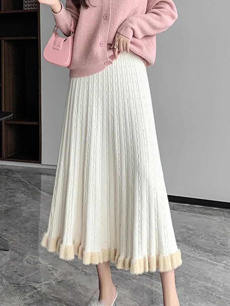 

Knitted Long Skirt Women Winter Warm Midi Female Elegant Casual Pleated Lady Korean Fashion High Waist A Line