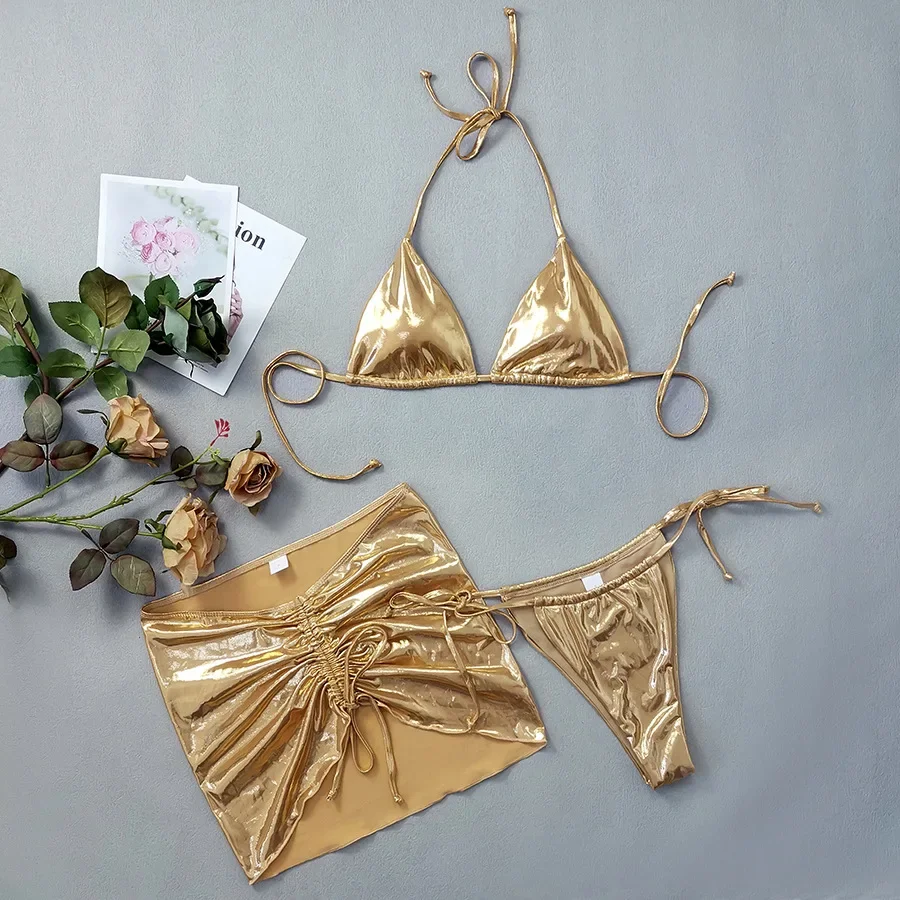 Merloly 2025 New Swimwear Women, Sexy Shiny Golden Halter 3 Pieces Bikini Set With Drawstring Beach Skirt Backless Swimsuit