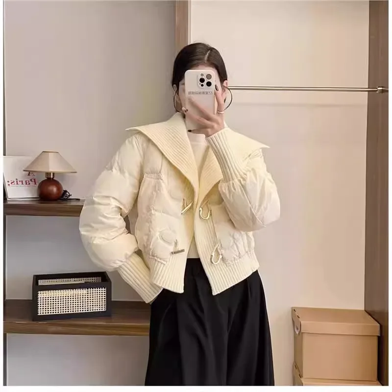 

Fashionable Knitted Patchwork Thickened down Jacket Women's Short Style 2026 New Autumn Winter Versatile Stand Collar Coat