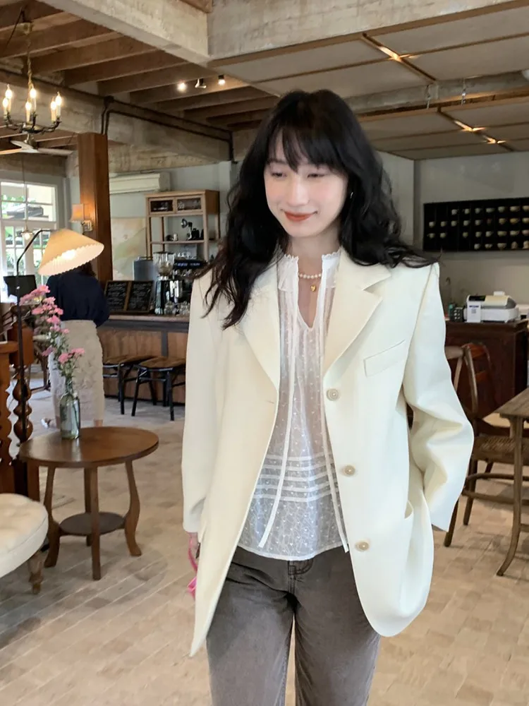 

Loose Fit Retro Lapel Tee Button Women's Suit Jaet Straight Cut Commute Sle Long Sve Pure Color Button Front Coat