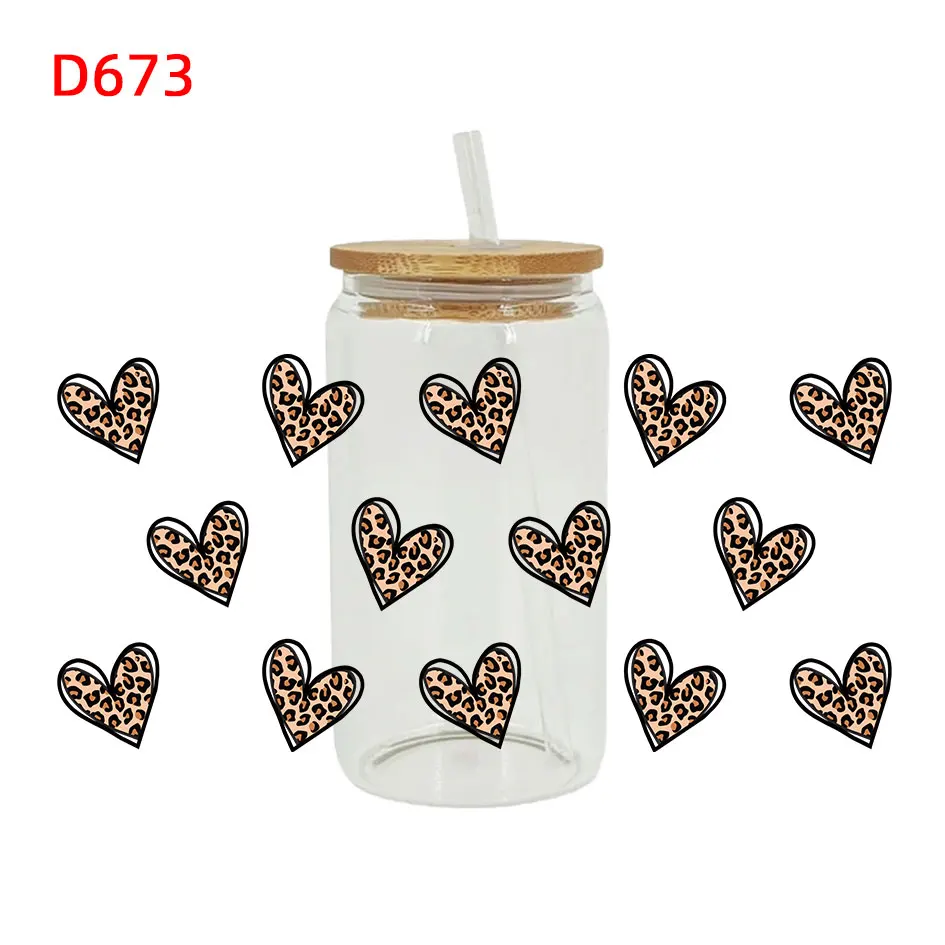 Fer d'enveloppement de tasse Uv Dtf de coeur sur le transfert pour le verre 16oz D675