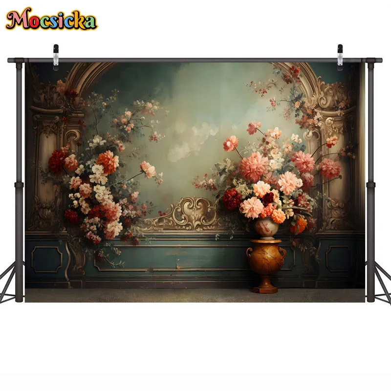 Vintage Portrait Photography Backgrounds Red Curtains Dark Green Walls Flowers Women Maternity Photo Backdrops Studio Photocall