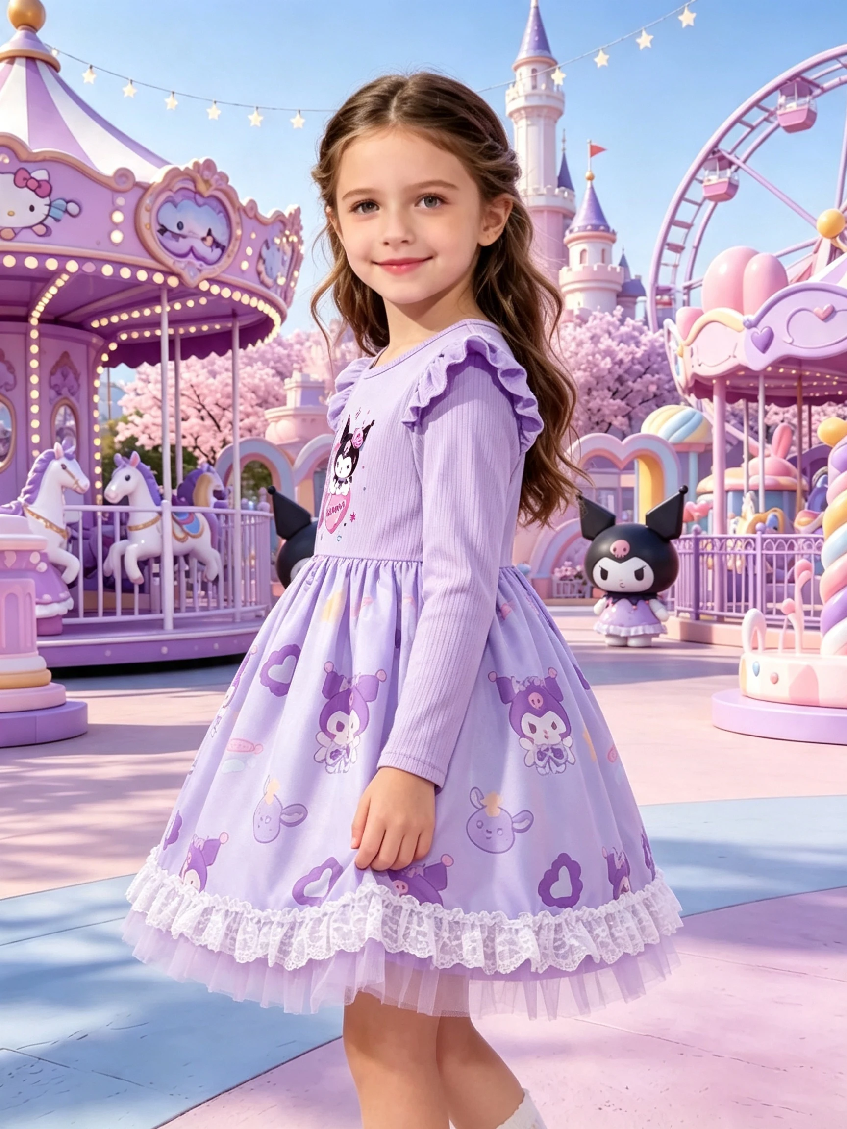 Girls' Kuromi Long Sleeve Mesh Princess Dress, Light Purple Flutter Sleeve Cartoon Print Lace Trim Kids Spring Autumn Dress