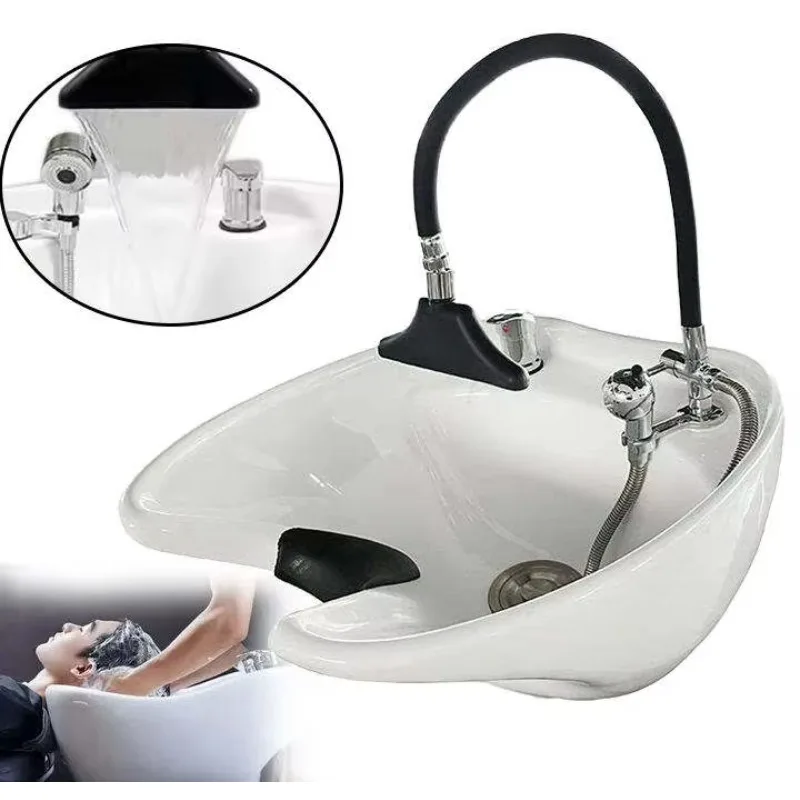 Adjustable water circulation shampoo basin with modern waterfall-style shampoo spray head and faucet